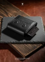 Mini Magnetic Swipe Up Card Holder Bifold Genuine Leather Wallet (The PopMag)