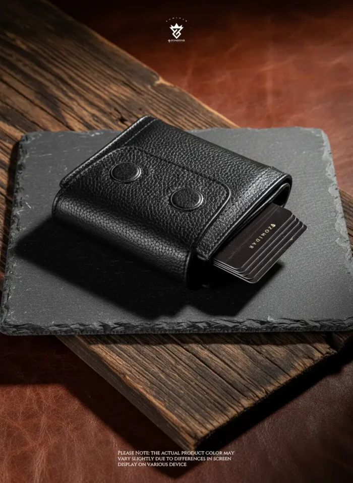 Mini Magnetic Swipe Up Card Holder Bifold Genuine Leather Wallet (The PopMag)