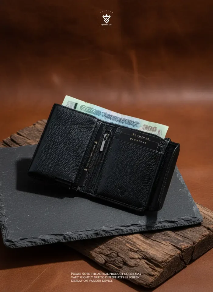 Mini Magnetic Swipe Up Card Holder Bifold Genuine Leather Wallet (The PopMag)