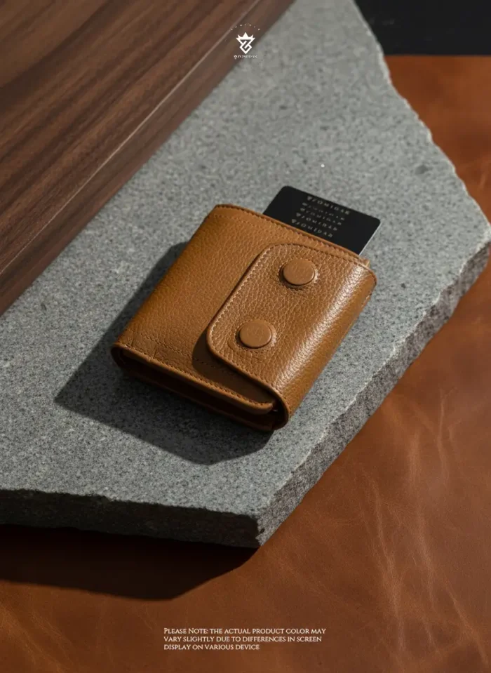 Mini Magnetic Swipe Up Card Holder Bifold Genuine Leather Wallet (The PopMag)