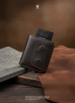 Mini Magnetic Swipe Up Card Holder Bifold Genuine Leather Wallet (The PopMag)